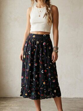 Black and multicolor abstract 1980s midi flowy skirt, elastic waist, womens sz S